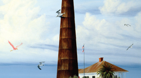 A tall lighthouse stands against a cloudy sky with birds flying around.