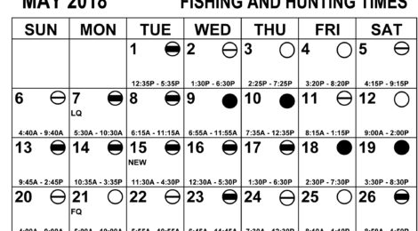 May 2018 fishing and hunting calendar with daily feeding times and ratings.