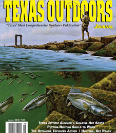 Cover of Texas Outdoors Journal featuring alligator and fish in a wetland.