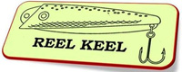Fishing lure labeled 'REEL KEEL' with hook and eyelets.