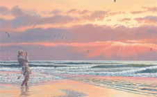 Fisherman casting a line at sunset on a Texas beach.