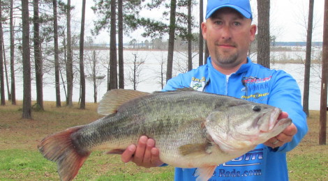 Man in blue cap holding a large fish by a lakeside.