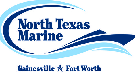 Logo of North Texas Marine with wave designs and city names.