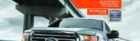 Ford F-150 driving off-road under a bridge with bold text.