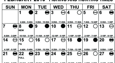 Fishing and hunting tide schedule for February 2016 with best times marked.