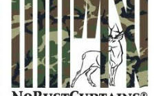 Logo of NoBustCurtains with a deer and vertical bars.