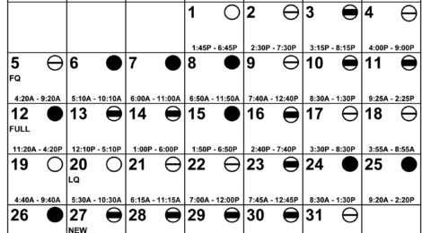 March 2017 fishing and hunting calendar with daily ratings and moon phases.