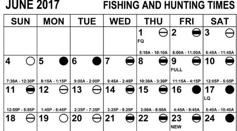 June 2017 fishing and hunting calendar with daily feeding times.