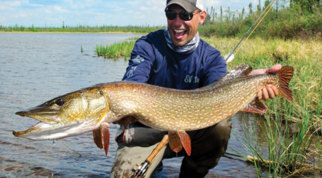 Man proudly holds a large fish near a riverbank on a sunny day.