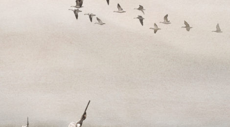 A hunter aims at flying birds over a sheep flock in a rustic landscape.