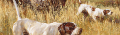 Two hunting dogs in tall grass, alert and focused.