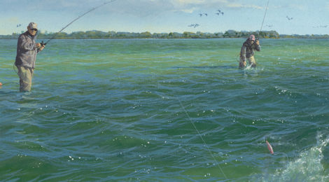 Two fishermen casting lines in clear blue water under a bright sky.