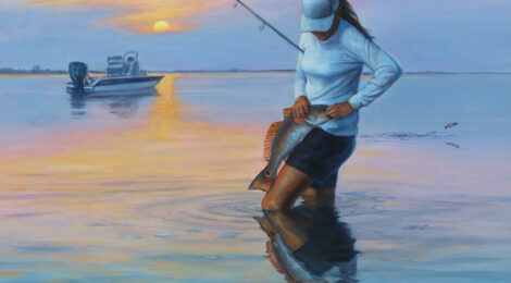 Fisherman with dog on a calm lake at sunset.