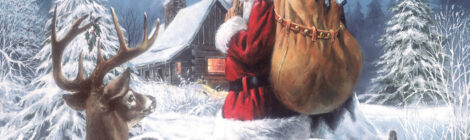 Santa Claus carrying a large deer carcass in a snowy forest.