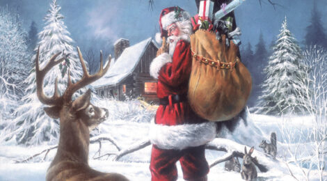 Santa Claus carrying a large deer carcass in a snowy forest.
