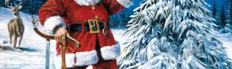 Santa Claus hunting in a snowy Texas winter scene.