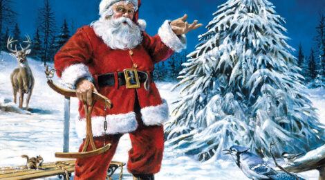 Santa Claus hunting in a snowy Texas winter scene.