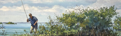 Cover art showing a fisherman casting a line in a marshy Texas wetland under a blue sky.