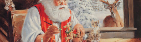Santa Claus crafting wooden toys in a rustic workshop.