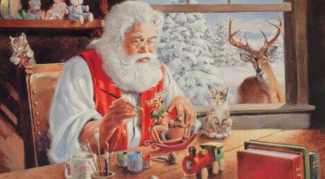 Santa Claus crafting wooden toys in a rustic workshop.
